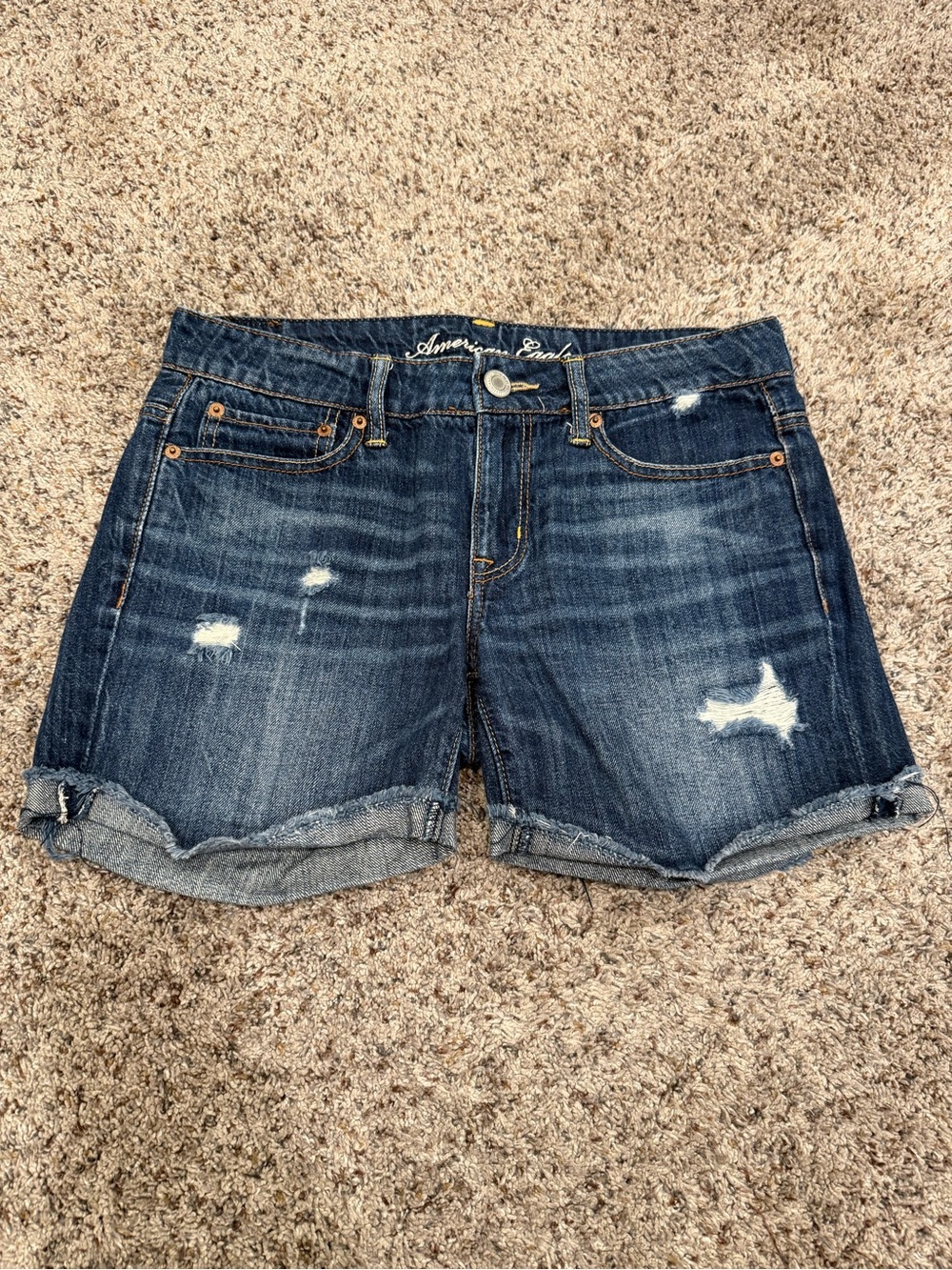 American Eagle Outfitters Distressed Dark Blue Rolled Hem Jean Shorts